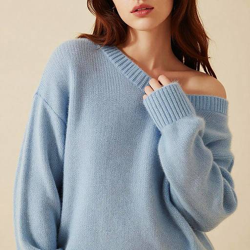 Photograph of a woman with light skin and brown hair, wearing a loose, light blue, off-the-shoulder knit sweater, against a plain