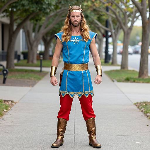 Photograph of a man with long blonde hair, beard, wearing a blue and gold ancient Greek-style tunic, red pants, brown boots, and
