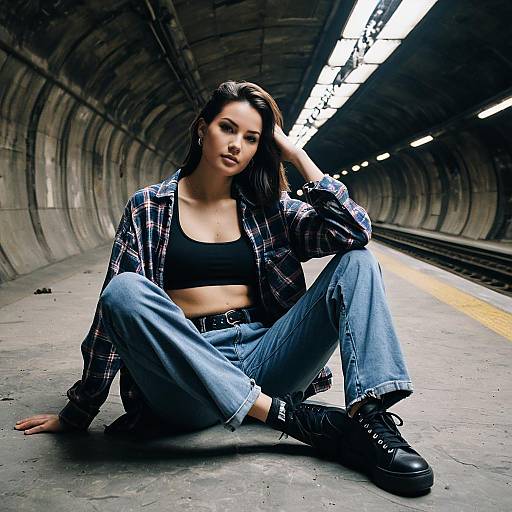 Woman in Streetwear Sitting in Subway Tunnel