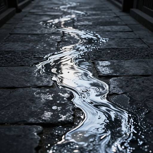 Photograph of a shimmering, liquid silver stream flowing through a dark, textured stone pathway, reflecting light with swirling patterns.