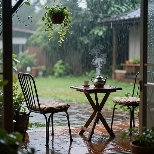 Photograph of a rainy outdoor patio with a wooden table, two black metal chairs, a steaming teapot, and hanging plant, reflecting wet tiles