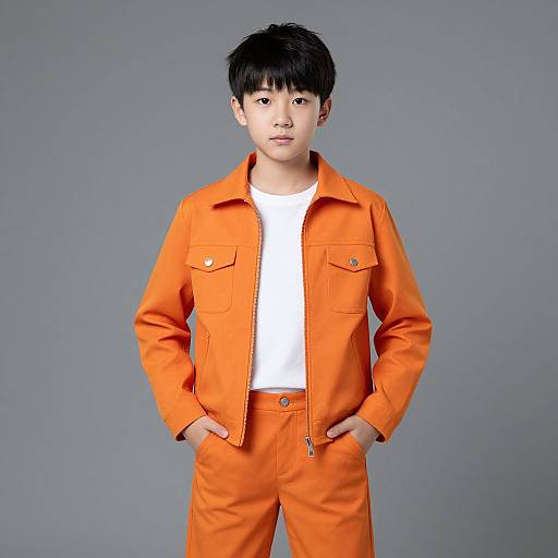Photograph of an Asian boy with black hair, wearing an orange prison jumpsuit and white t-shirt, standing against a gray background with hands in pockets