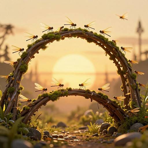 Photograph of a rustic wooden arch adorned with green moss and dragonflies, set against a golden sunset in a blurred, rocky field.