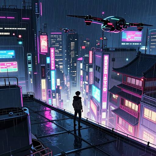 Cyberpunk cityscape at night, neon-lit buildings, rain, silhouette of a person in a hoodie, drone flying above, reflective wet pavement