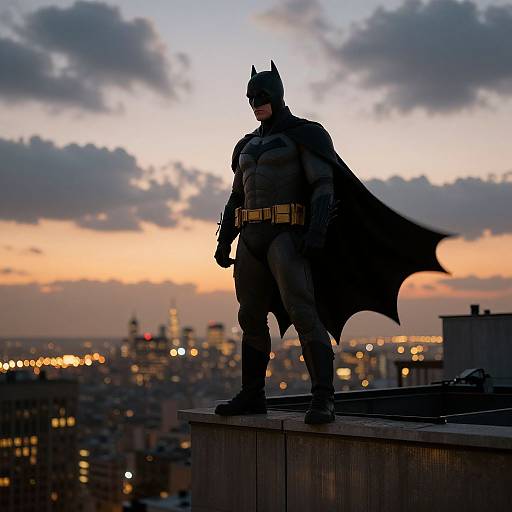 Photograph of a silhouetted Batman statue standing on a rooftop at sunset, with a cityscape and orange-pink sky in the background.