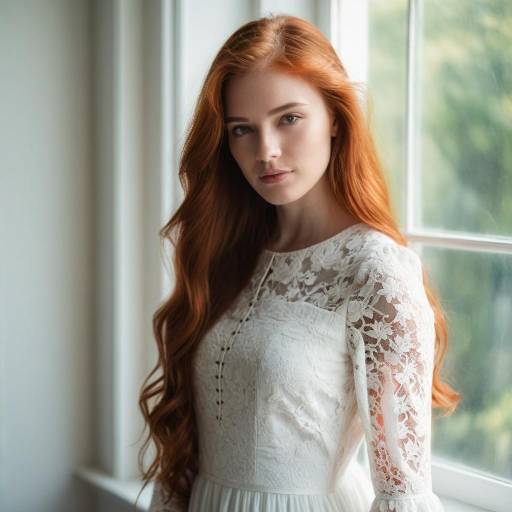 Young redhead woman in white lace dress