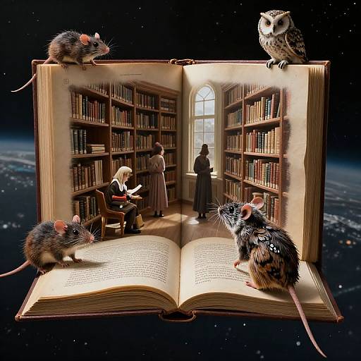 Photorealistic digital artwork: Open book with three rats, one owl, and a library scene inside, set against a starry space background.