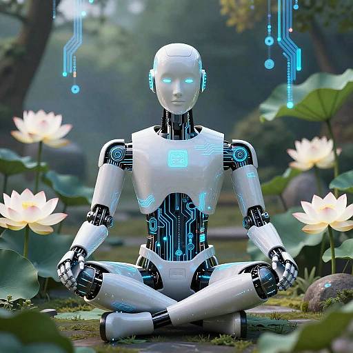 Digital art of a white, glowing humanoid robot in a lotus position among blooming lotus flowers and greenery, with neon blue circuitry lighting