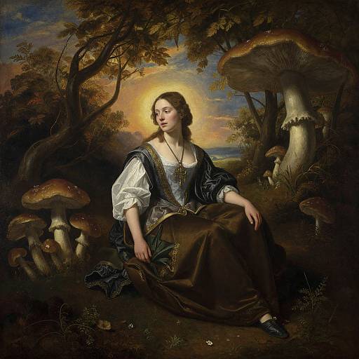 Baroque-style painting of a fair-skinned woman with brown hair, wearing a white blouse and blue dress, seated among giant mushrooms in a forest with