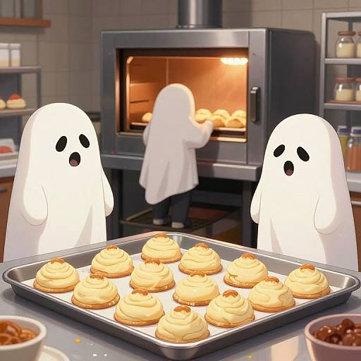 Digital cartoon of three white ghostly figures watching a person bake cinnamon swirled muffins in an oven, tray in foreground.