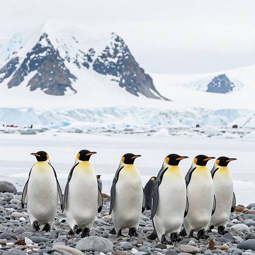 Photograph of six Emperor penguins with black heads and yellow necks standing on a rocky, snowy Antarctic shoreline with jagged mountains in the background.