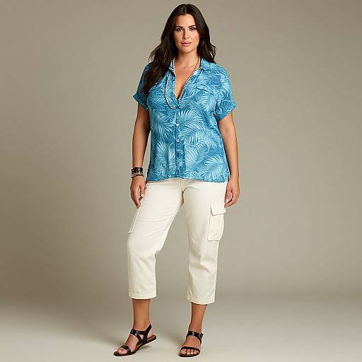 Photograph of a confident woman with long black hair, wearing a blue floral shirt, white capri pants, black sandals, and black bracelets, standing