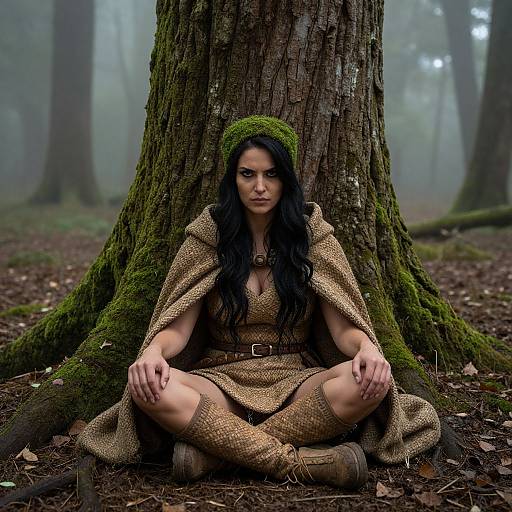 Fierce Woman in Misty Forest
