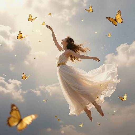 Photograph of a woman in a flowing white dress, floating among yellow butterflies, under a bright sunlit, cloudy sky.