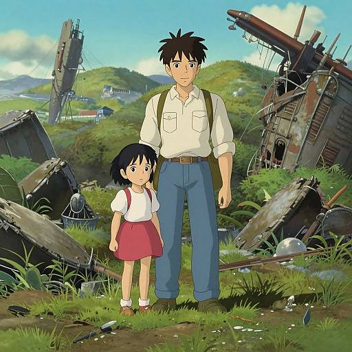 Anime-style illustration of a tall, brown-haired man in a white shirt and blue pants, holding a small, black-haired girl in a red dress,