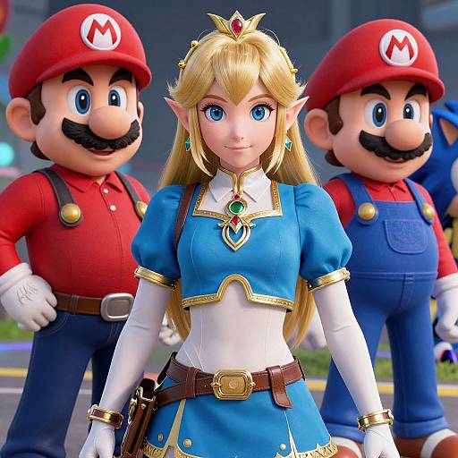 Digital CGI image of Princess Peach in blue dress, white sleeves, gold trim, with two Mario brothers in red hats, blue overalls, background blurred