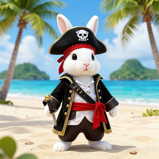 Cute white rabbit in pirate outfit with black hat, skull emblem, red bandana, and black coat, standing on sunny beach with palm trees and