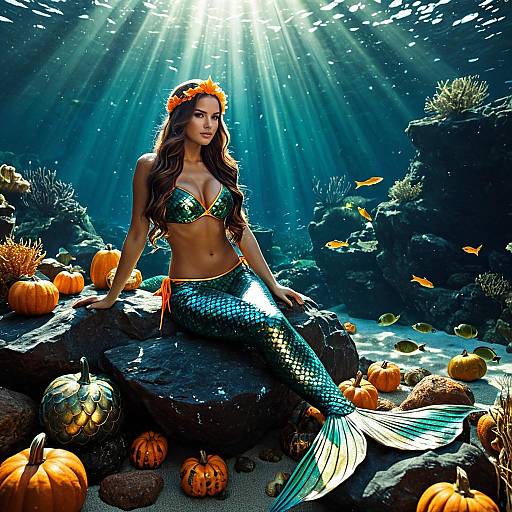 Halloween Mermaid Underwater with Pumpkins
