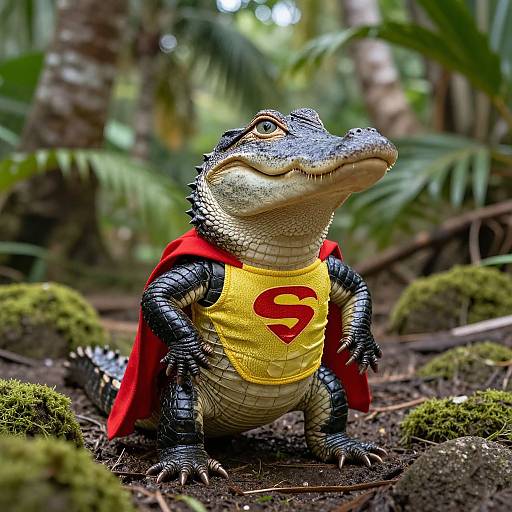 Photograph of a detailed, life-sized alligator costume dressed as Superman, with a yellow chest emblem and red cape, standing in a lush, tropical