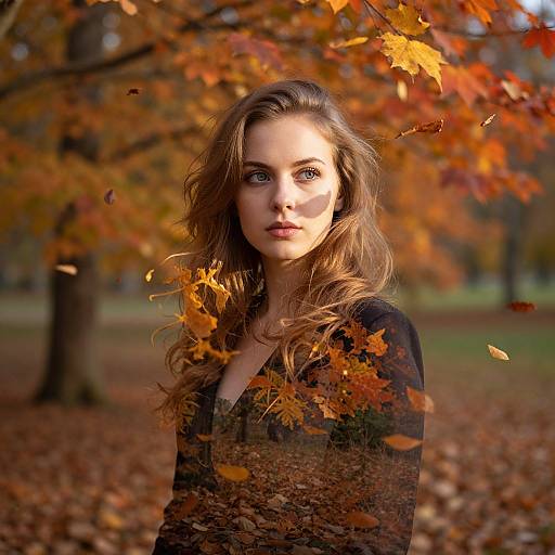Photograph of a beautiful woman with wavy brown hair, wearing a black sweater, surrounded by falling autumn leaves in a park. Vibrant orange and