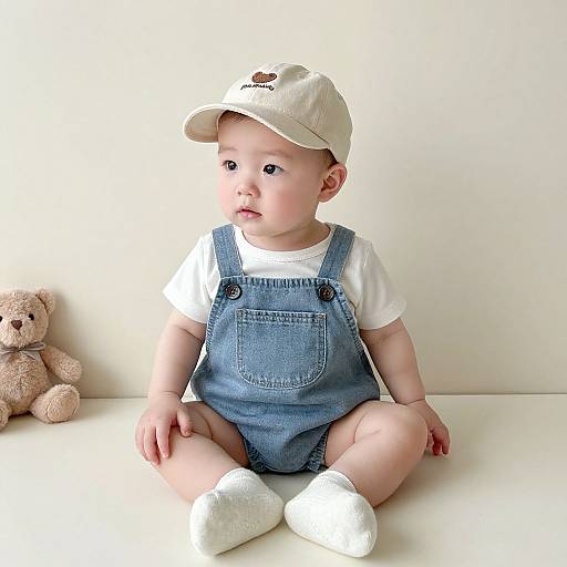 Toddler in Hat and Overalls