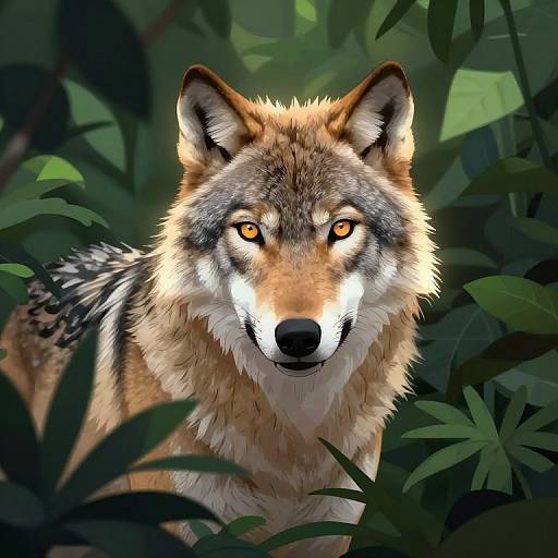 Digital artwork of a fierce, realistic gray wolf with glowing orange eyes, surrounded by dark green foliage, staring directly at the viewer.