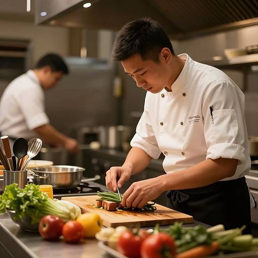Photograph of two Asian male chefs in a modern kitchen, one chopping green onions on a wooden board, surrounded by fresh vegetables. Blurred background with