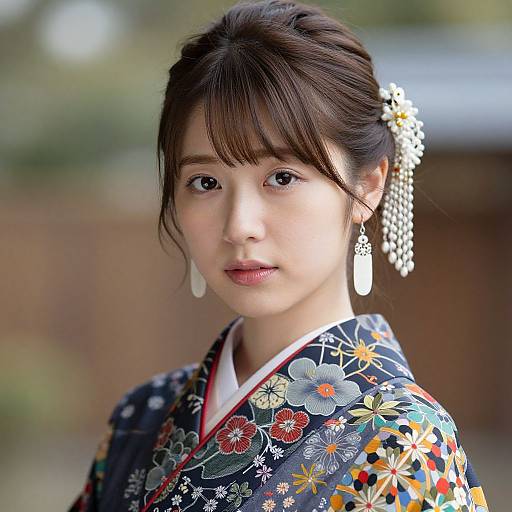 Photograph of a beautiful young Japanese woman with fair skin, dark hair in an updo, wearing a colorful floral kimono and large, dangling earrings