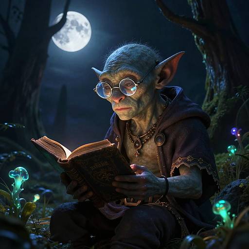 Digital artwork of a goblin with large ears, glasses, and hooded robe, reading a glowing book under a full moon in a dark, enchanted