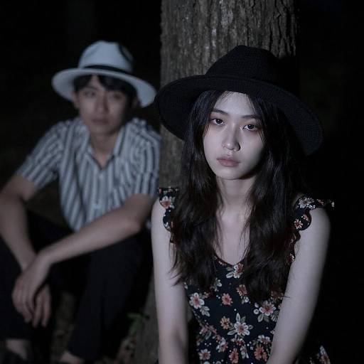Young woman and man in dark forest at night