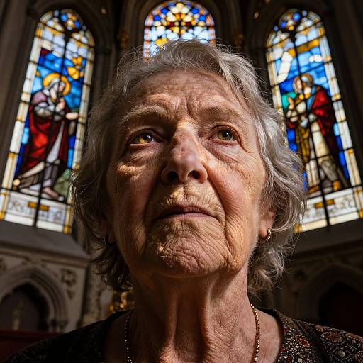 Close-up photograph of an elderly woman with gray hair, wrinkles, and a solemn expression, standing in front of vibrant stained glass windows in a church.