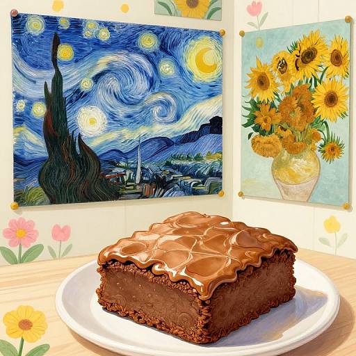 Photograph of a chocolate square cake with glossy icing, set on a white plate, surrounded by Vincent van Gogh paintings and a sunflower vase.