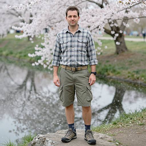 Photograph of a Caucasian man with short brown hair, wearing a black-and-white checkered shirt, olive cargo shorts, and brown shoes, standing on