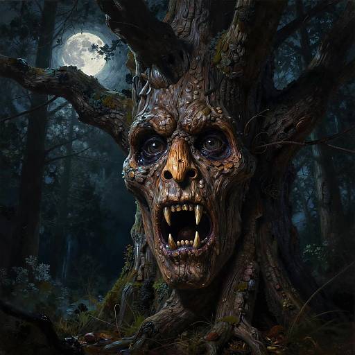 Digital artwork of a terrifying, tree-like monster with a skeletal face, sharp teeth, dark hollow eyes, and a full moon in a dark forest background