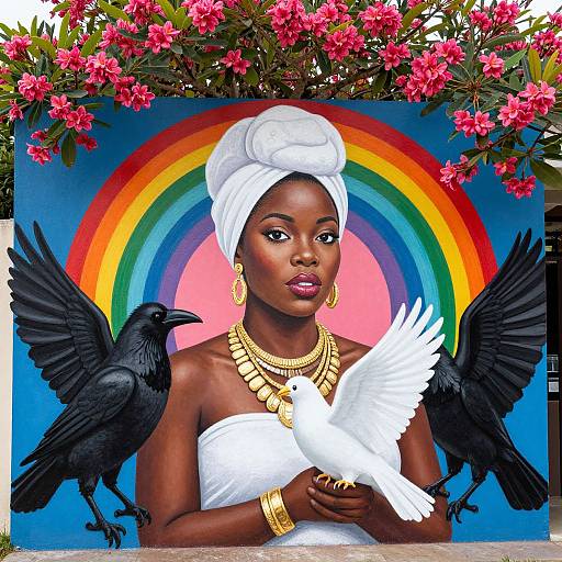 Vibrant Mural of Woman with Ravens