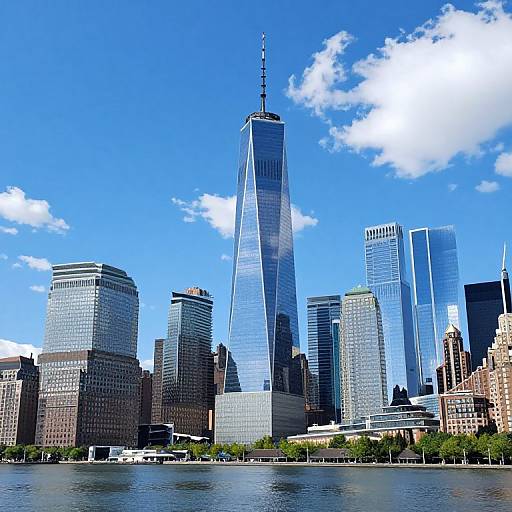 Photograph of New York City skyline featuring One World Trade Center, surrounded by various skyscrapers, under a bright blue sky with scattered clouds, viewed