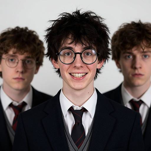 Photograph of a smiling young man with black, messy hair, glasses, and a black suit, flanked by two blurred, identical lookalikes