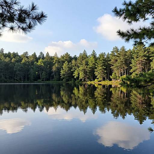 Photograph of a serene forest lake, reflecting dense green pine trees and a clear blue sky with white clouds. Pine branches frame the top corners.