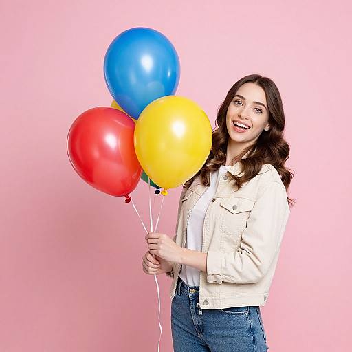 Cheerful Woman with Colorful Balloons