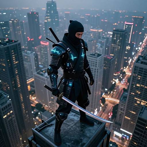 CGI image of a futuristic, armored assassin with glowing blue crosses, standing on a rooftop overlooking a cityscape at dusk, holding a glowing sword.