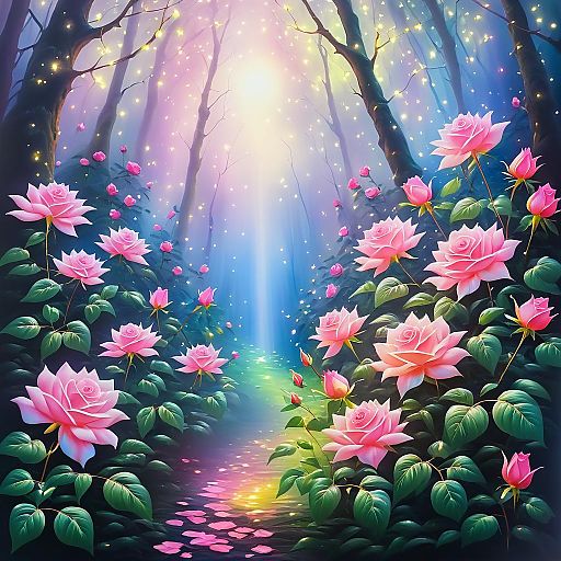 Enchanting Luminous Rose Bush in Forest Enchanting Luminous Rose Bush in Forest
