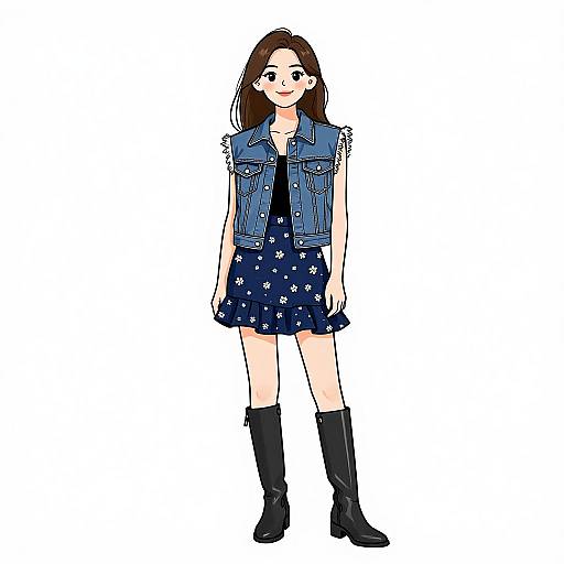 Digital drawing of a young woman with long brown hair, wearing a denim vest, navy dress with white flowers, and black boots, standing against a white