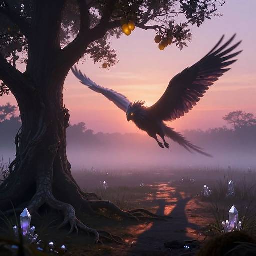 Digital art: A majestic, dark-feathered bird with glowing eyes swoops towards a tree with glowing oranges at sunrise, surrounded by misty,
