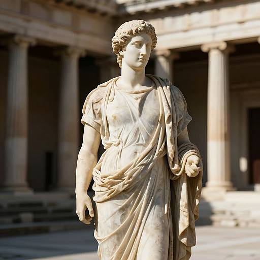 Photograph of a classical marble statue of a draped female figure with wavy hair, holding a cloth, standing in a sunlit ancient courtyard with tall