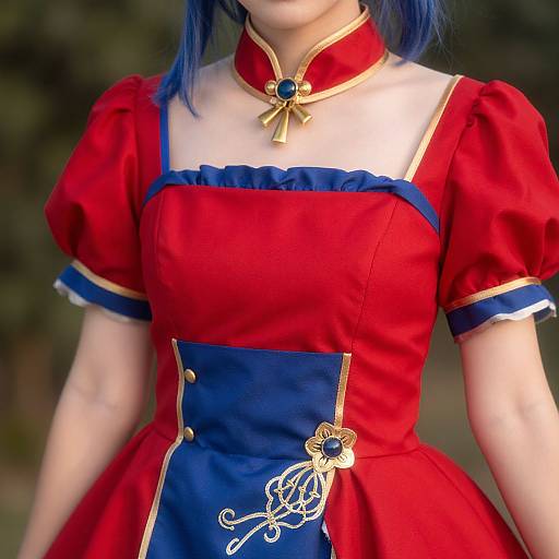 Photograph of a person with blue hair wearing a red and blue, puffed-sleeve, Victorian-style dress with gold trim and ornate embroidery