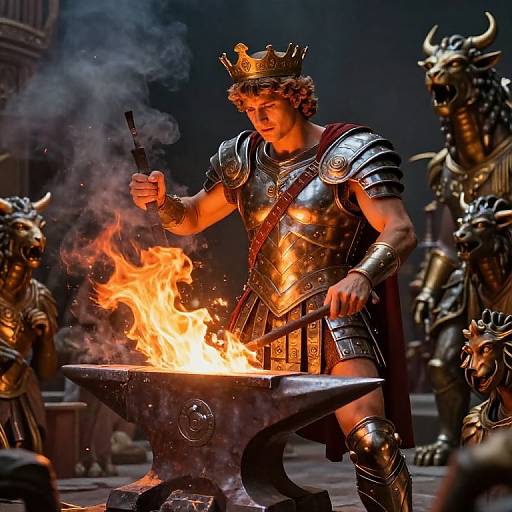 Photorealistic image of a muscular, curly-haired king in shiny silver armor with a crown, wielding a sword over a fiery anvil, surrounded by