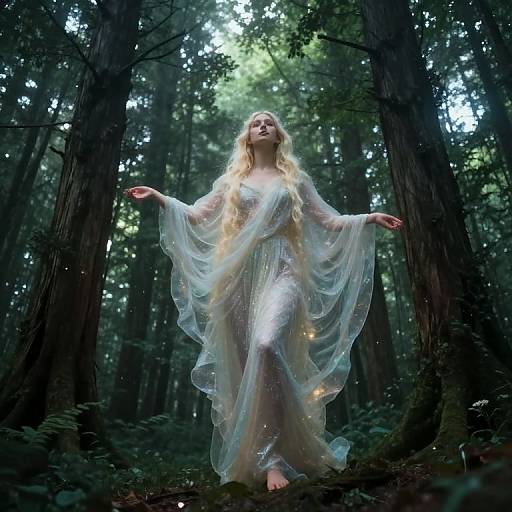 Ethereal Celestial Woman in Enchanted Forest