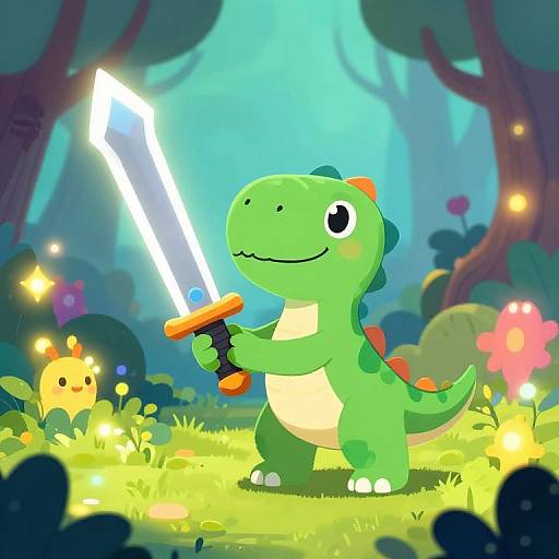Cartoon Dinosaur Hero with Oversized Sword