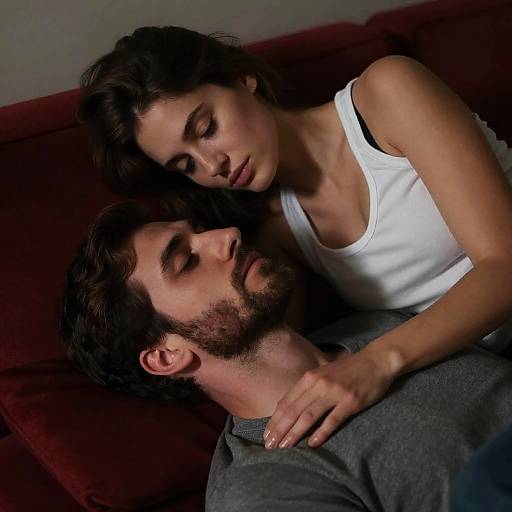 Intimate Couple on Red Couch