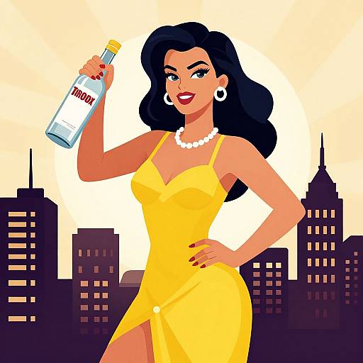 Cartoon-style illustration of a confident woman in a yellow dress, holding a liquor bottle, with a cityscape background at sunset.